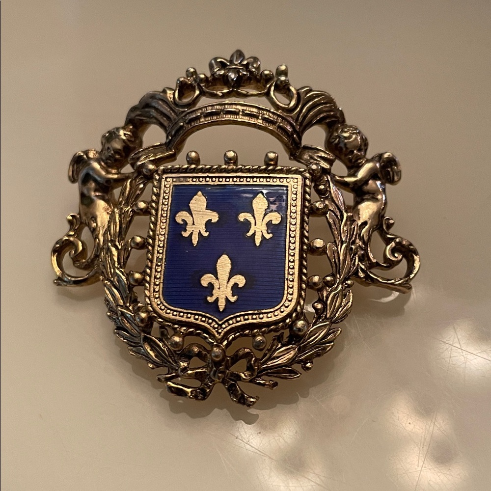 Gold and Blue Fleur-de-lis Brooch